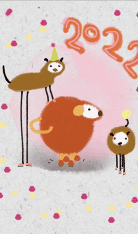 Illustrated gif. A dog wearing a party hat stands on its long stick figure legs, bending forward to spin a short chubby dog in a circle at the center. A third dog looks straight at us, growing and larger and smaller and wagging its tail. The entire scene pulses as the year 2022 and pink and yellow confetti spin in circles across the frame. 