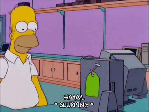News Sebrae - Edição 67 - GIF em que aparece o Homer Simpson tomando café e cuspindo o mesmo, logo após ver o preço de um computador.