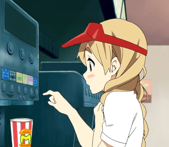 Anime gif. Character Tsumugi Kotobuki of K-On! fills a fast food fountain drink behind the counter. 