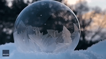 Ice Crystals Form Beautiful Pattern on Bubble on Chilly Michigan Evening