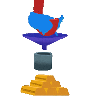Digital art gif. Red elephant trunk lowers the United States into a funnel, where it turns to liquid and pours into a container over a transparent background. The container tips and pours over a pyramid of gold bars labeled “Corporations.” Text, “GOP. Greedy Old Party.”