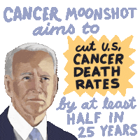 Political gif. Painterly illustration of Joe Biden with the quote, "Cancer Moonshot, aims to cut US cancer death rates, by at least half in 25 years."
