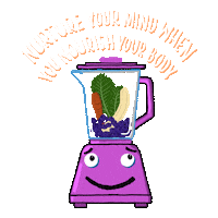 Digital art gif. Animation of a cartoon purple blender with a smiling face, blending up a full cup of fruits and veggies into a yummy purple smoothie. Text, "Nurture your mind when you nourish your body."