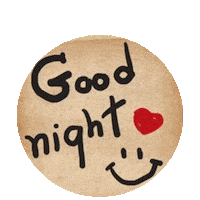 Sticker gif. Beige circle has, 'Good night' is written in black handwritten font with a happy face and a red heart.