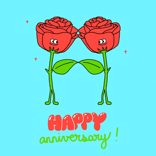 Cartoon gif. Two sparkling, roses rock from side to side while smiling at each other. Bubble lettering text, "Happy," cursive text, "anniversary!"