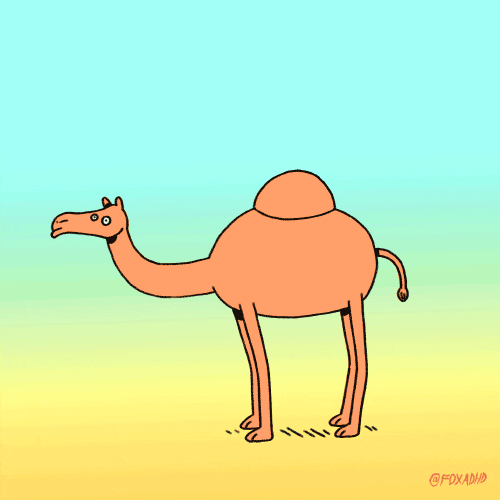 Digital art gif. A camel is standing in a desert and its hump shoots up, showing a  camera attached to the bottom of it.
