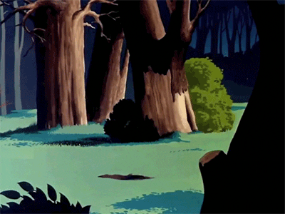 Looney Tunes gif. In the middle of a forest, Bugs Bunny pops out of a rabbit hole with wide eyes, glancing mischievously to the side before retreating into the hole.