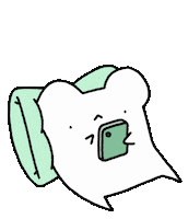 Sticker gif. Square cartoon mouse lounging on a mint green pillow, scrolls on their phone, a heart appearing above their head whenever they double-tap.