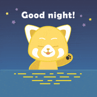 Digital illustration gif. Yellow bear waves at us and smiles with eyes shut against a blue background with yellow and purple stars. Text changes from white to purple, "Good night!'