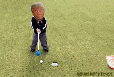 Political gif. Donald Trump's head is on a person who is mini golfing. They miss a putt of a very easy shot and Trump throws a tantrum, yelling and rolling around on the floor.