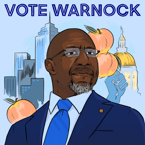 Illustrated gif. Living portrait of Senator Raphael Warnock on a sky blue background, eyes on the horizon with faith and determination, depictions of the Atlanta skyline, peaches, a fist of solidarity, the Georgia State Capitol building behind him. Text, in simple neon lettering, "Vote Warnock."