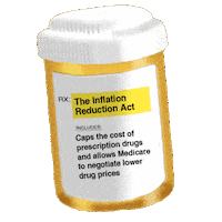 Digital art gif. Orange prescription bottle with a white cap shakes against a transparent background. Text on the label reads, “Rx: The Inflation Reduction Act. Includes: Caps the cost of prescription drugs and allows Medicare to negotiate lower drug prices.”