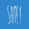 Text gif. Elongated white script appears on a blue background. Script reads, "Same!"