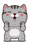 Cartoon gif. A cat with big shiny anime eyes bounces on its knees and pumps its arms excitedly.