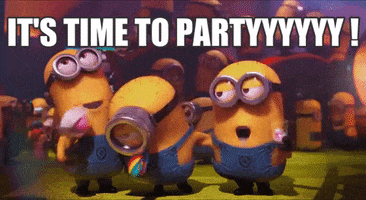 Despicable Me gif. Three minions celebrate together cheerfully as one blows out a party horn. Text, "It's time to Party!"