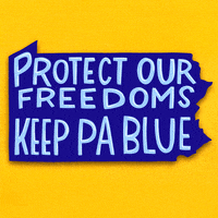 Digital art gif. Royal blue graphic of the state of Pennsylvania on golden yellow background, glossy marker font within. Text, "Protect our freedoms, keep Pennsylvania blue."