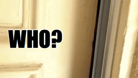 Video gif. A woman cracks a door open very slightly and peeks out. All we can see is one eye as she looks around intently and looks very scared and cautious.