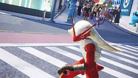 Video game gif. From Pokken Tournament, Blaziken makes a spinning leap into the air, appearing to kick fire out from his legs in the air, then landing back on the street.