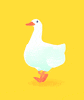 Cartoon gif. A white duck hops merrily along on a yellow background. 