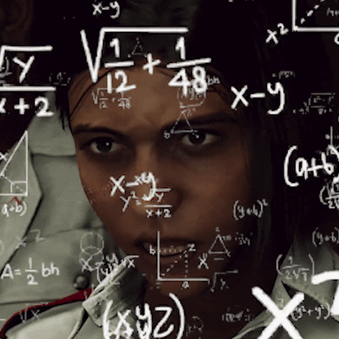 Video game gif. A spin on the "Math Lady" meme: A closeup of a rattled-looking Diego from Far Cry 6 as math equations fly around them.
