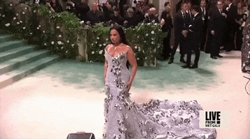 Met Gala 2024 gif. Slow zoom in on Demi Lovato standing stiffly for the cameras, wearing a smokey lavender Pabral Gurung gown embellished with silver flowers.