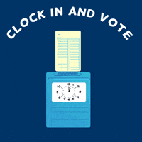 Digital art gif. Time card punches into a time clock, then spins and turns into a polling booth against a dark blue background. Text, “Clock in and vote.”