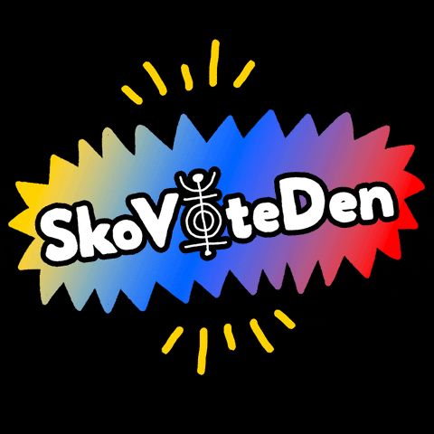 Digital art gif. Rainbow dodecagram wiggling with action marks on a black background, white block letters within. Text, "Sko-vote-den."