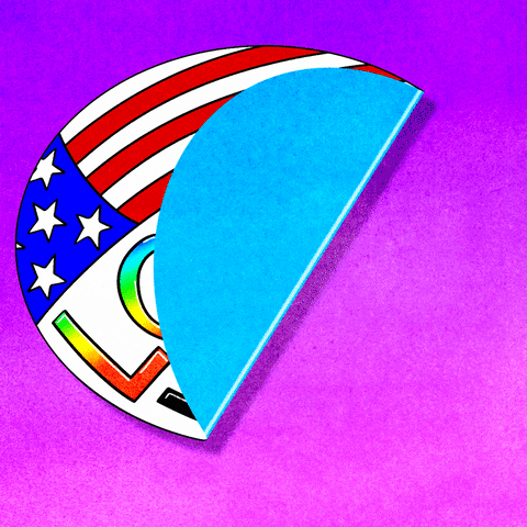 Digital art gif. Oval-shaped sticker adheres to purple background, featuring the American flag and text "LGBTQ+ Voter" in rainbow-colored and black font.