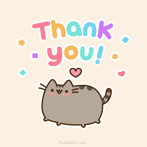 Digital art gif. A happy chubby cat prances up and down on its little legs as a pink heart beats above it. Cheerful text, "Thank you!"