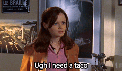 TV gif. Alexis Bledel as Rory Gilmore in Gilmore Girls stomps her foot and complains, "Ugh I need a taco."
