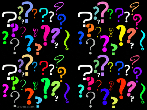 Digital art gif. Question marks of various colors and sizes flash and blink on a black background. 