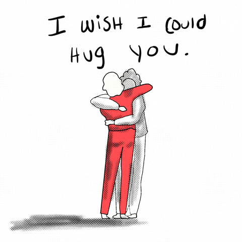 Illustrated gif. A person in red and a person in white embrace each other completely. Text, "I wish I could hug you."
