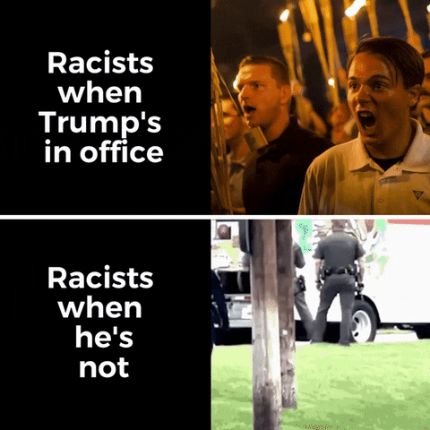 Meme gif. Top image shows a crowd of young white men at a white supremacist rally, holding burning torches. Text, "Racists when Trump's in office." Bottom gif shows police opening up the back of a large U-Haul truck to find several men dressed in black, all of them standing with their hands above their heads guiltily. Text, "Racists when he's not."
