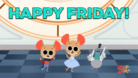 Digital art gif. Two mice and one pigeon jump back and forth from one foot to the next and they put their hands up in happiness. Text, "Happy Friday!"