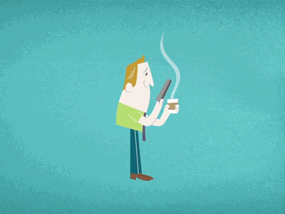 Illustrated gif. A man enjoys a cup of coffee and looks at his phone for a moment until office desks crowd in, papers fly everywhere, and people scurry past him.