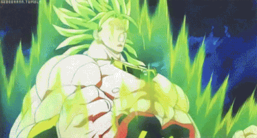 Anime gif. Broly from Dragon Ball Super. Broly is lit up with power, clenching his fists as he goes super saiyan. 
