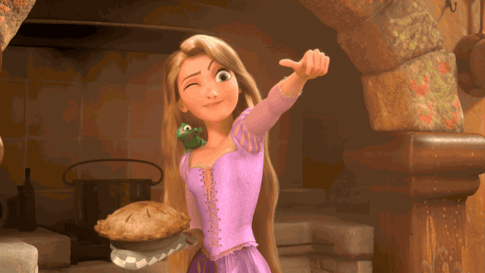 Disney gif. Rapunzel in "Tangled" Holds a pie in one hand as she squints one eye closed and holds her arm out, seeming to measure something from a distance using her thumb.