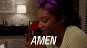 Movie gif. Tiffany Haddish as Dina in Girls Trip smiles as she kneels in prayer before bed with her palms together in a beautiful purple silk headband. Text. "Amen."