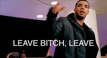 Celebrity gif. Drake looks mildly annoyed and flicks his hand as if to shoo something away. Text, "Leave bitch, leave."