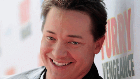 Digital art gif. A still image of Brendan Fraser, only his eyebrows are moving up and down suggestively.