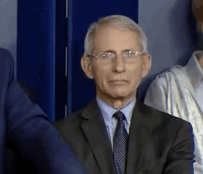 Video gif. Infectious disease expert Anthony Fauci struggles to contain a giggle during a press conference.