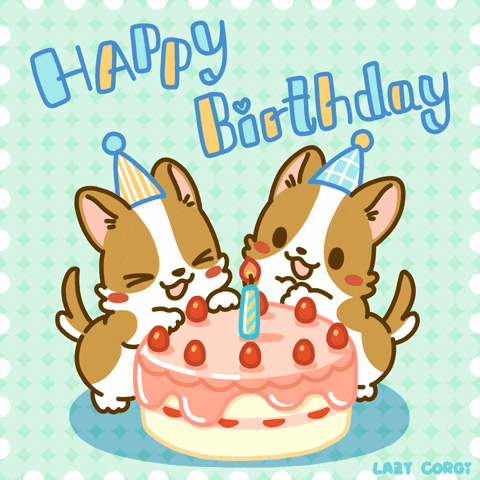 Kawaii gif. An excited corgi celebrates its birthday, blowing out a candle on its birthday cake while another corgi claps. Text, Happy birthday.”