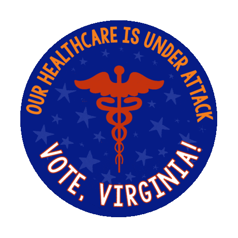 Digital art gif. Blue circular sticker against a transparent background features a red medical symbol of a staff entwined by two serpents, topped with flapping wings and surrounded by light blue dancing stars. Text, “Our healthcare is under attack. Vote, Virginia!”