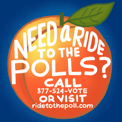 Text gif. Peach on a deep blue background, white marker text across reads, "Need a ride to the polls? Call 877-524-VOTE, or visit ride to the poll dot com," the phone number flashing for emphasis.