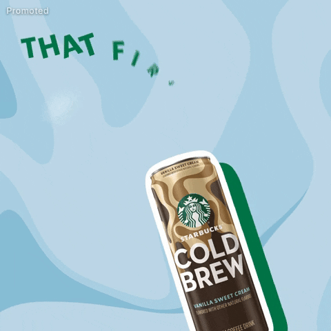 Sponsored gif. Digital illustration of a can of Starbucks Vanilla Sweet Cream Iced Coffee outlined in Starbucks white and green bobs side to side against a wavy blue background. Text appears that says "That first sip feeling," as a tiny green heart floats away. 