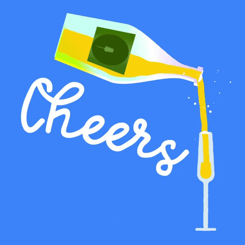 Kreslený pohyblivý gif k svátku s lahví šampaňského a nápisem "Cheers". 