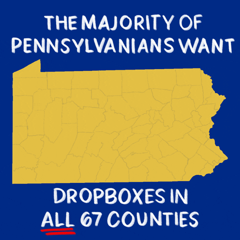 Digital art gif. Yellow shape of Pennsylvania fills up with tiny icons of ballot drop boxes against a dark blue background. Text, “The majority of Pennsylvanians want dropboxes in all 67 counties.”