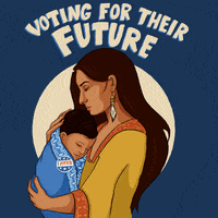 Illustrated gif. Indigenous woman spotlighted on a navy background, holding a baby close to her chest, the baby wearing an "I voted" sticker. Text, "Voting for their future."