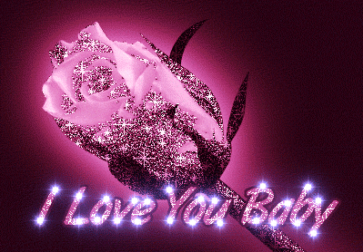 Illustrated gif. A pink rose that shimmers pink sparkles. The pink text shimmers as well. Text, “I love you Baby.”