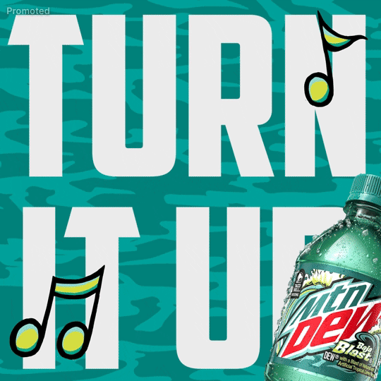 Sponsored gif. A Mountain Dew Baja Blast soda bottle is in the bottom right corner and green music notes are in the top right and bottom left corners. The music notes sway in unison and the soda bottle and text, "Turn It Up," bounce to the same beat. The background has a teal camo print. 